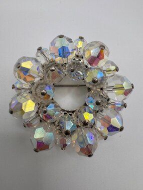 Vintage AB Crystal Beaded Brooch Silver Tone Faceted Glass Floral Pin
